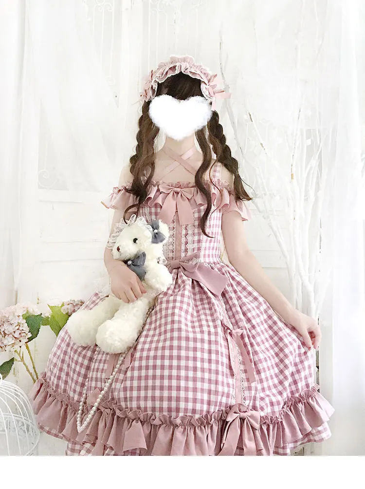 Prinzessin tee party rosa süße lolita kleid vintage spitze bowknot gitter viktorianischen kleid kawaii mädchen gothic lolita jsk loli cos