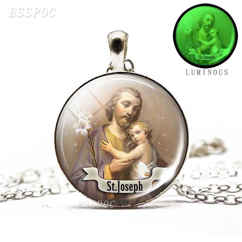 St Joseph Glass Cabochon Necklace Growing Pendant Luminous Jewerly Bible God Christian Art  Chain Necklace