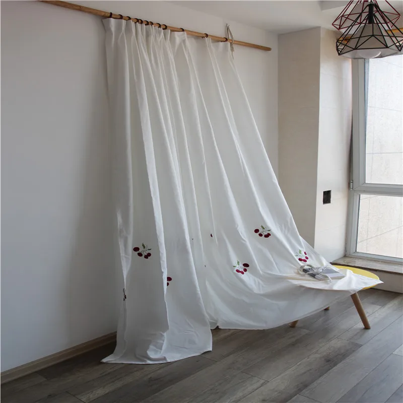 

Korean Solid White Blackout Curtains for Living Room Bedroom,Red Cherry Embroidery Window Drapes,White Cotton Linen Cortinas