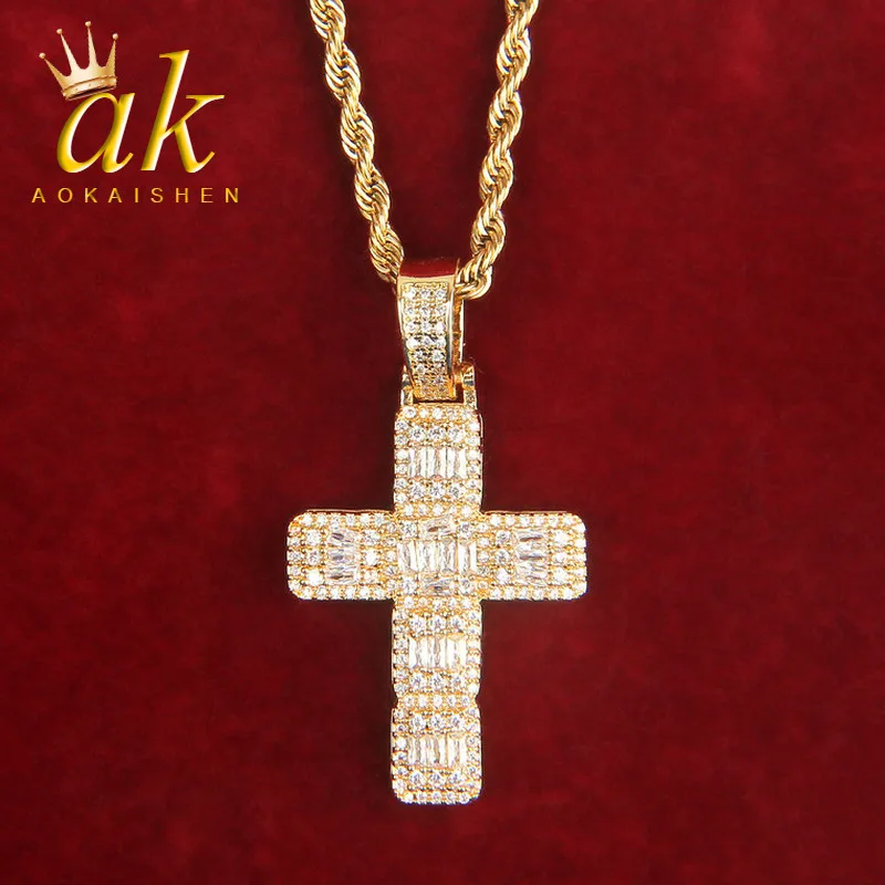 Aokaishen Baguette Cross Pendant Real Gold Plated Women's Fashion Jewelry Hip Hop 2023 Trend