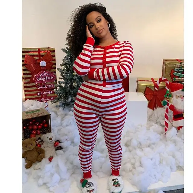 Dameshuishoudromper Slaapjumpsuit Lange mouw Elastisch Kerststijl Gestreept Gedrukt Homewear