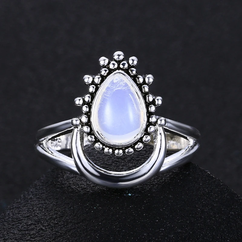 Charm Large Antique Marquise Created Moonstone Rings 925 Silver Women\'s Vintage Punk Jewelry Ring Unique Anniversary Party Gift