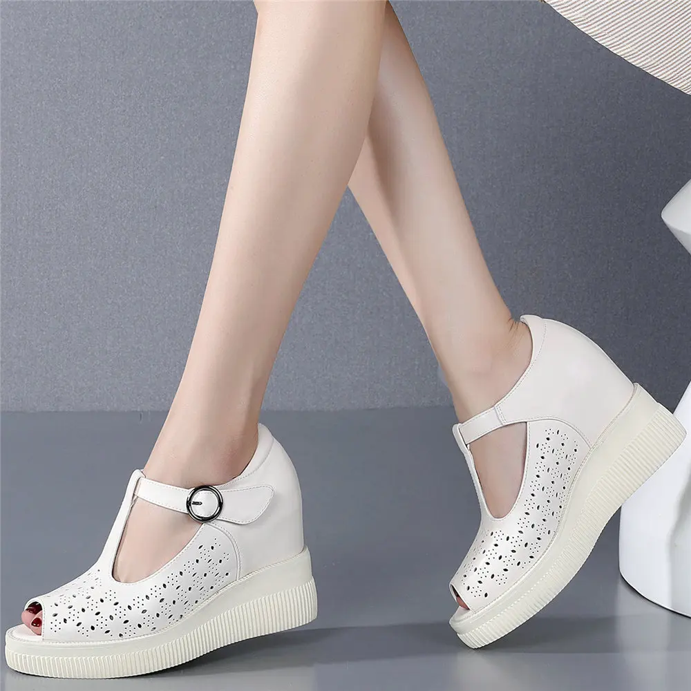 Zapatos de tacón con plataforma para mujer, cuñas de cuero genuino, sandalias de gladiador de tacón alto, zapatillas de deporte de moda con punta abierta para verano, zapatos informales