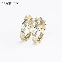 GRACE JUN Hot Sale Gold Color Stud Clip on Hoop Earrings Women's Fashion C Shape Fish Mosquito Coil Ear Clip Jewelry Accessory