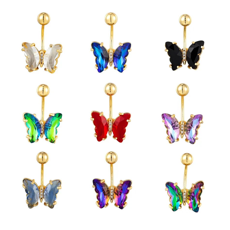 Colorful Crystal Butterfly Navel Earring 16G 10mm Surgical Steel Belly Button Piercing Rings Woman Ear Lobe Stud Body Jewelry