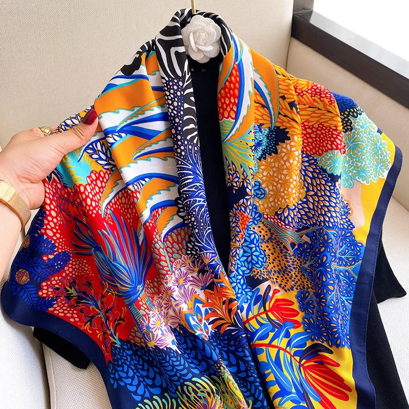 2021 Fashion New Women Silk Square Scarf Vintage Flower Zebra Printed Colorful Pashmina Sun Protective Elegant Dress Neck Wrap