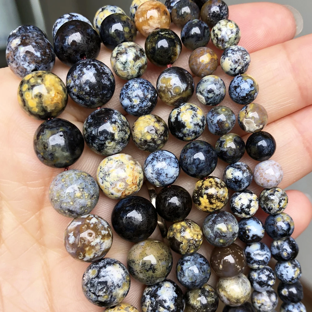 

Natural Gem Stone Yellow Blue Ocean Agates Round Beads For Women Jewelry Making Diy Bracelet Accessories 15''Inches 6 8 10mm