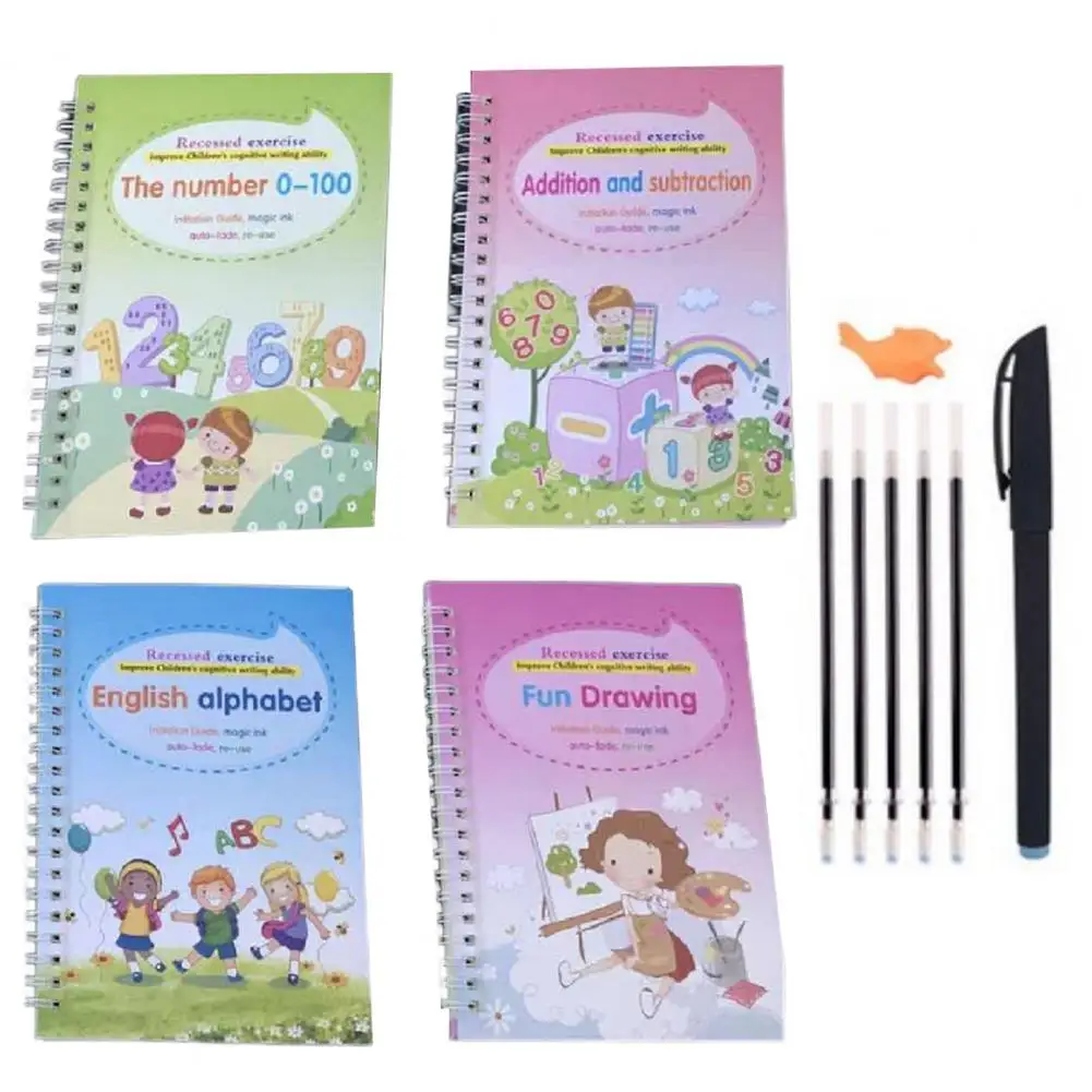 ขายร้อน!!! 4ชิ้นตัวอักษรภาษาอังกฤษหมายเลขเด็กวาด Practice Book Groove Copybook