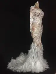 Evening Dance Rhinestones Feather Nude Dress Sexy Nightclub Full Stones Long Big Tail Costume Prom Birthday Celebrate Dresses
