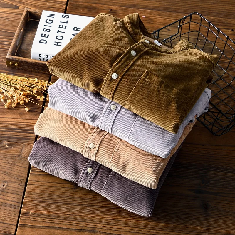 

Designer New Long Sleeved Corduroy Cotton Velvet Khaki Shirt Men Brand Trend Stand Collar Thick Shirts For Men camisas de hombre