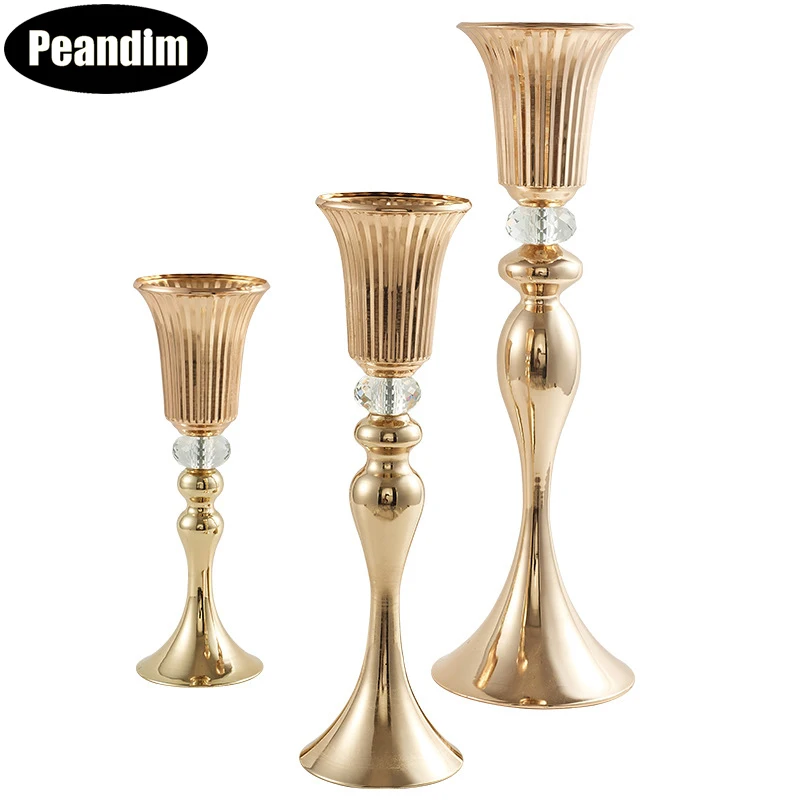 PEANDIM Gold Flower Vases Home Candle Holders Wedding Table Centerpieces Party Event Flower Rack Road Lead Home Decoration 10pcs