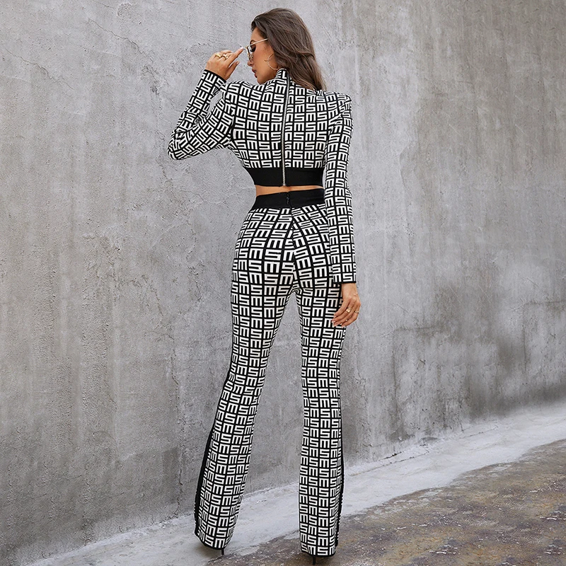 Winter New Female Set Knitted Two-piece Suit Round Neck Long-Sleeved Letter Jacquard Trousers Stretch Bodycon Bandage Set Wome