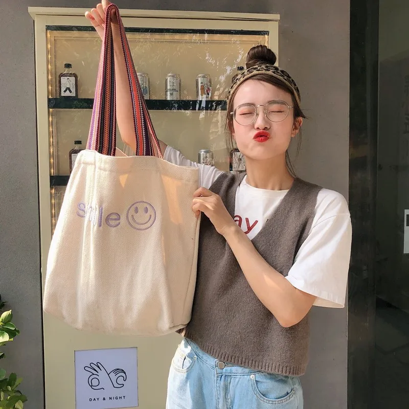 Korean ins fabric embroidered smile bag large capacity student shoulder bag factory wholesale  reusable shopping bag canvas tote