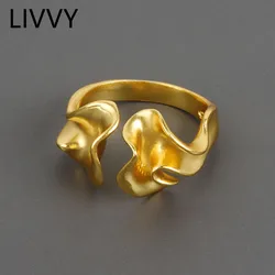 LIVVY Silver Color Irregular Wave Grain Ring For Women Vintage Fashion Creative Temperament Jewelry Gift Adjustable