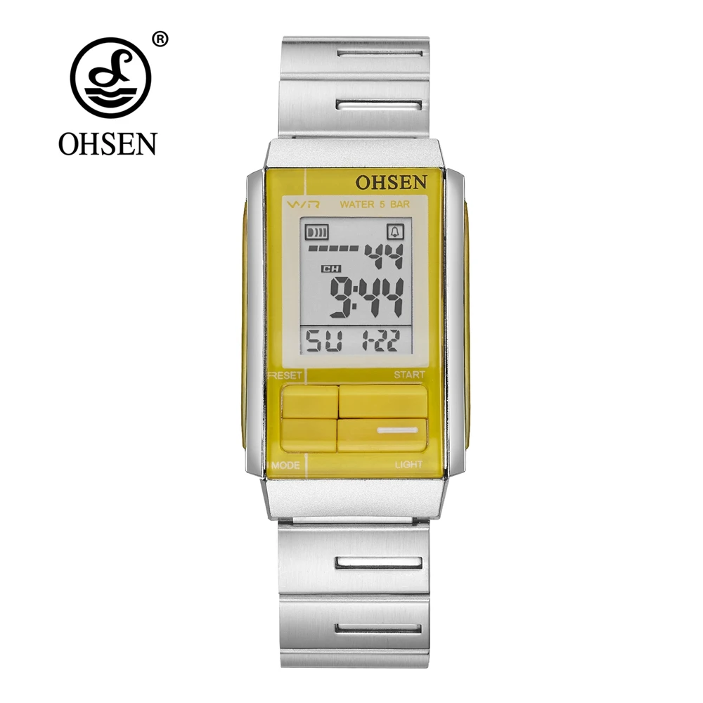 Fashion Women Digital Wristwatch Chronograph Stainless Steel Strap Yellow Waterproof Black Casual Elegant Lady Watch Reloj mujer