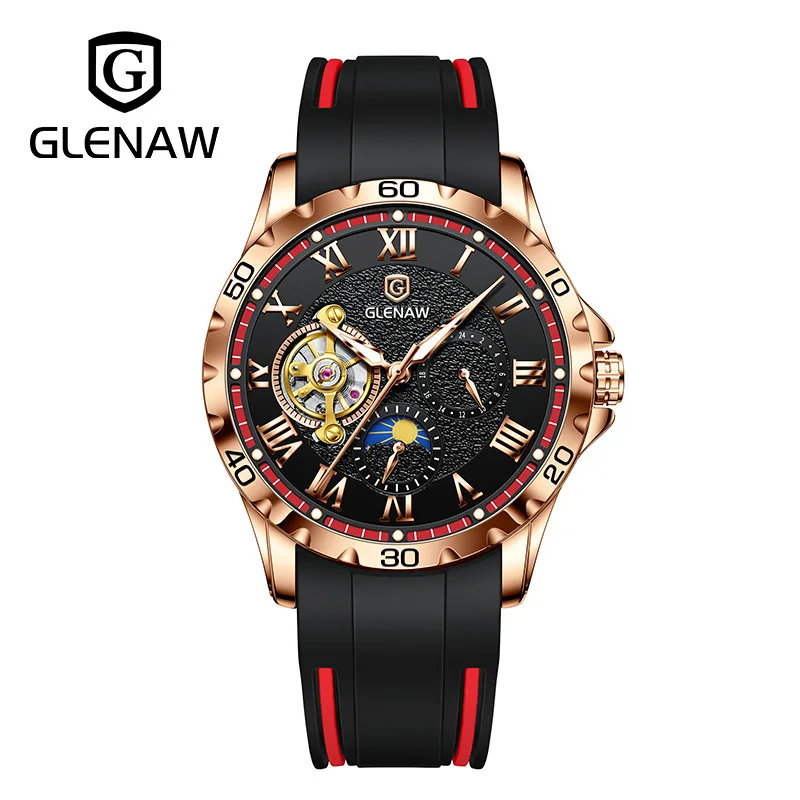 

Automatic Mechanical Men Watch Fashion Design Watch Tourbillon Moon Phase Silicone Strap Waterproof Watch Relogio Masculino 2021