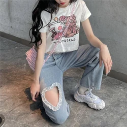 Pantalones vaqueros kawaii de pierna ancha para mujer, Vaqueros holgados azules, cintura alta, cadena de corazón, delgados, informales, lindos, de verano, moda que combina con todo