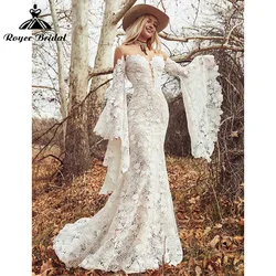 Mermaid Boho Bohemian Wedding Dresses Long Flare Sleeve Floral Print Deep V Neck Bridal Gown vestidos de novia Customized 2025