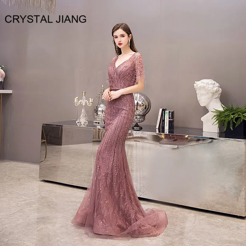 Luxury Evening Dresses Long Sexy V Neck Lace Crystal Beaded Dusty Pink Mermaid Evening Party Gown