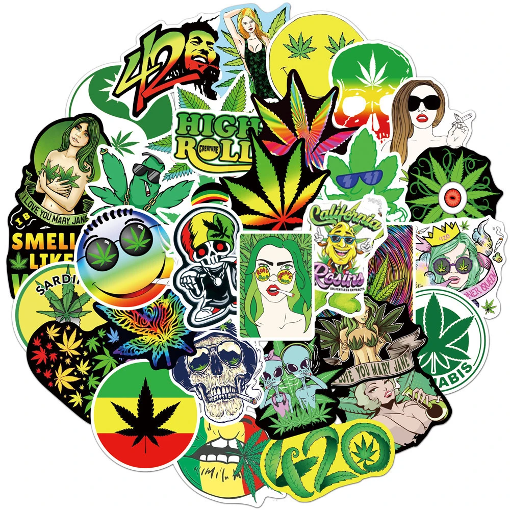 10/30/50pcs Hemp Leaf Weed Stickers DIY Phone Helmet Luggage Notebook Laptop Car Suitcase Waterproof Graffiti Kids Sticker Toy