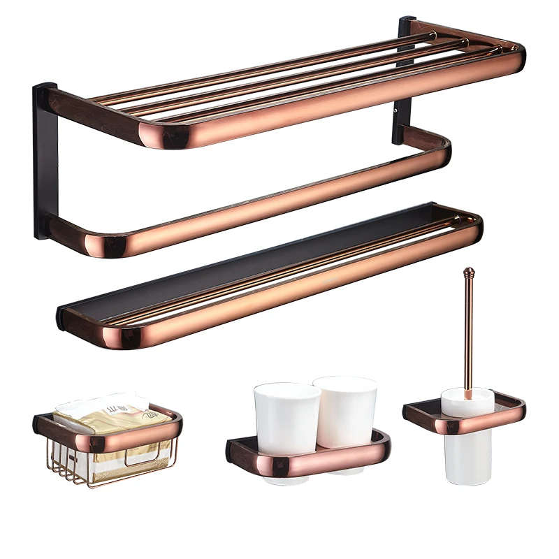 Rose Gold & Black Copper Bath Hardware Accessory Brass Towel Rack Corner Shelf Tissue Holder Hook Toilet Brush Nail Punched New