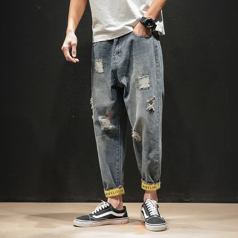 Beggar Ripped Jeans Men's Large Size Spring and Autumn Youth Hemming Pencil Pants Japanese Fashion Brand Cropped Harem Pants