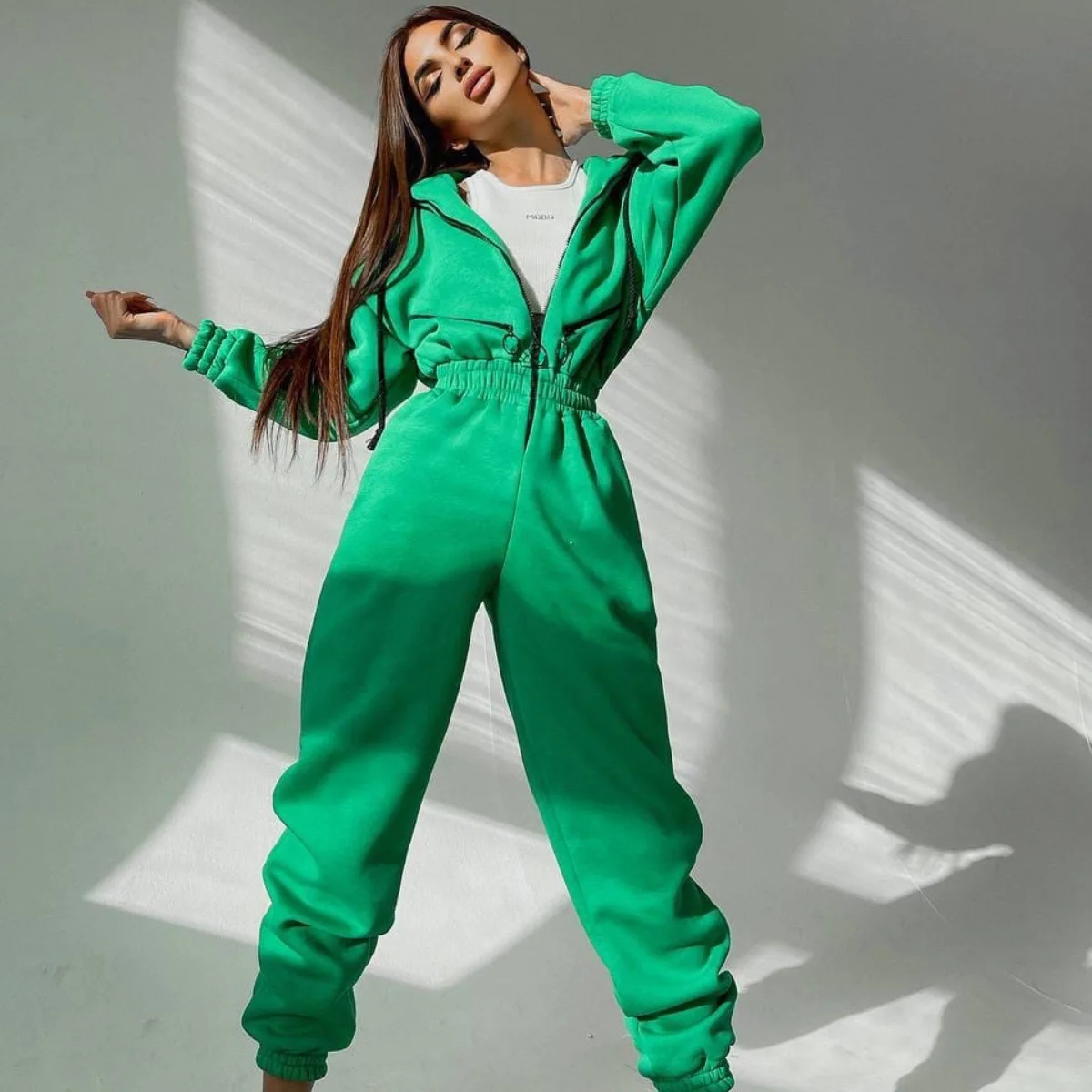 Casual Elegant Long Sleeve Female Overalls Women Solid One Piece Hoodie Romper Autumn Fashion V Neck Zipper Pocket Jumpsuit