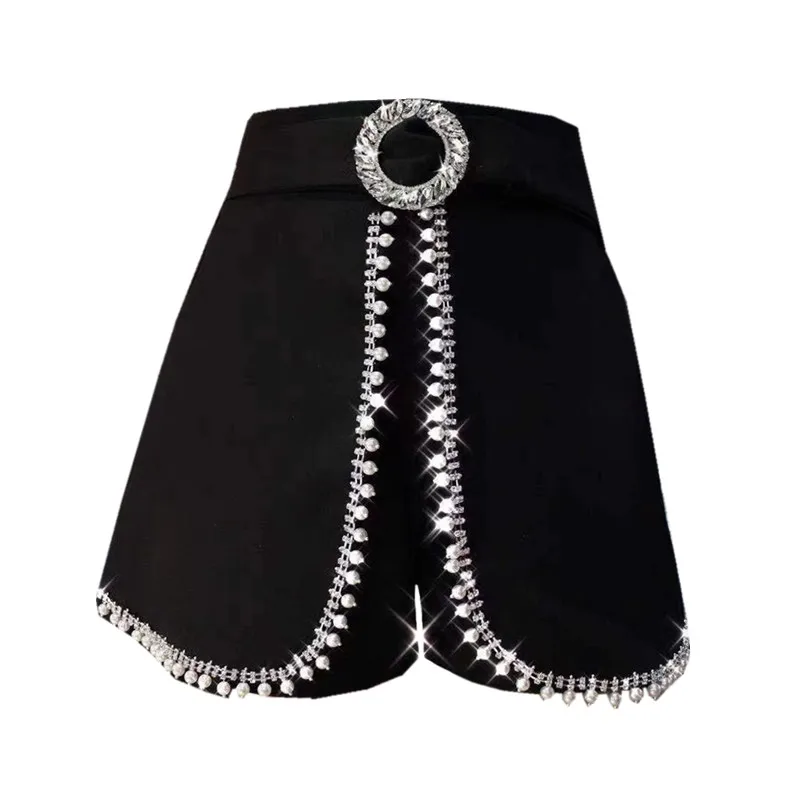 

CHIC Ins French Elegant Ladies Suiting A-Line Bottom Luxury Handmade Pearls Beading Faux Two Pieces Buckle Women's Skirts Shorts