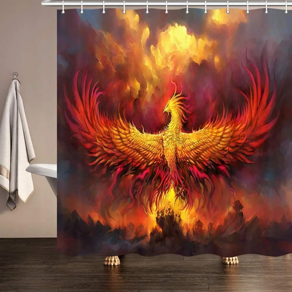 Fantasy Phoenix Red Fire Burning Rising Phoenix Mystic Animal Bird Accessories Bath Curtains