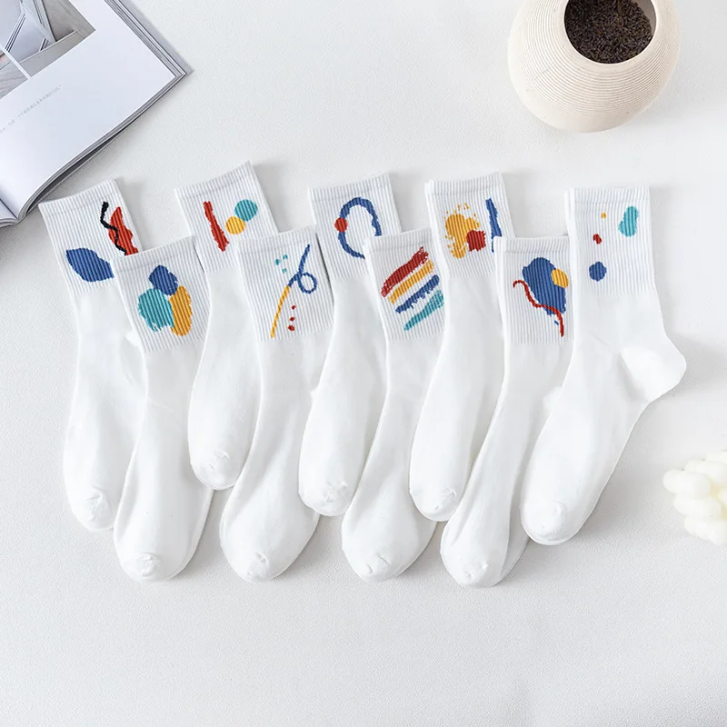 Korea New College Style Funny Harajuku Graffiti White Socks Simple Female Artistic ink Socks Japanese Cute Casual Women\'s Socks