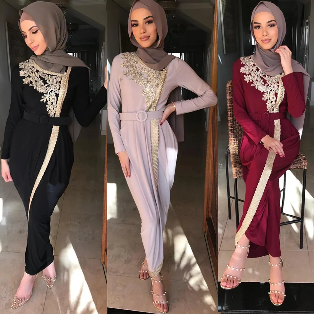 

Модные новые вышитые бисером Abayas для женщин, мусульманское женское платье, Дубайский турецкий кафтан Eid Jalabiya Djellaba, мусульманское платье, Халат