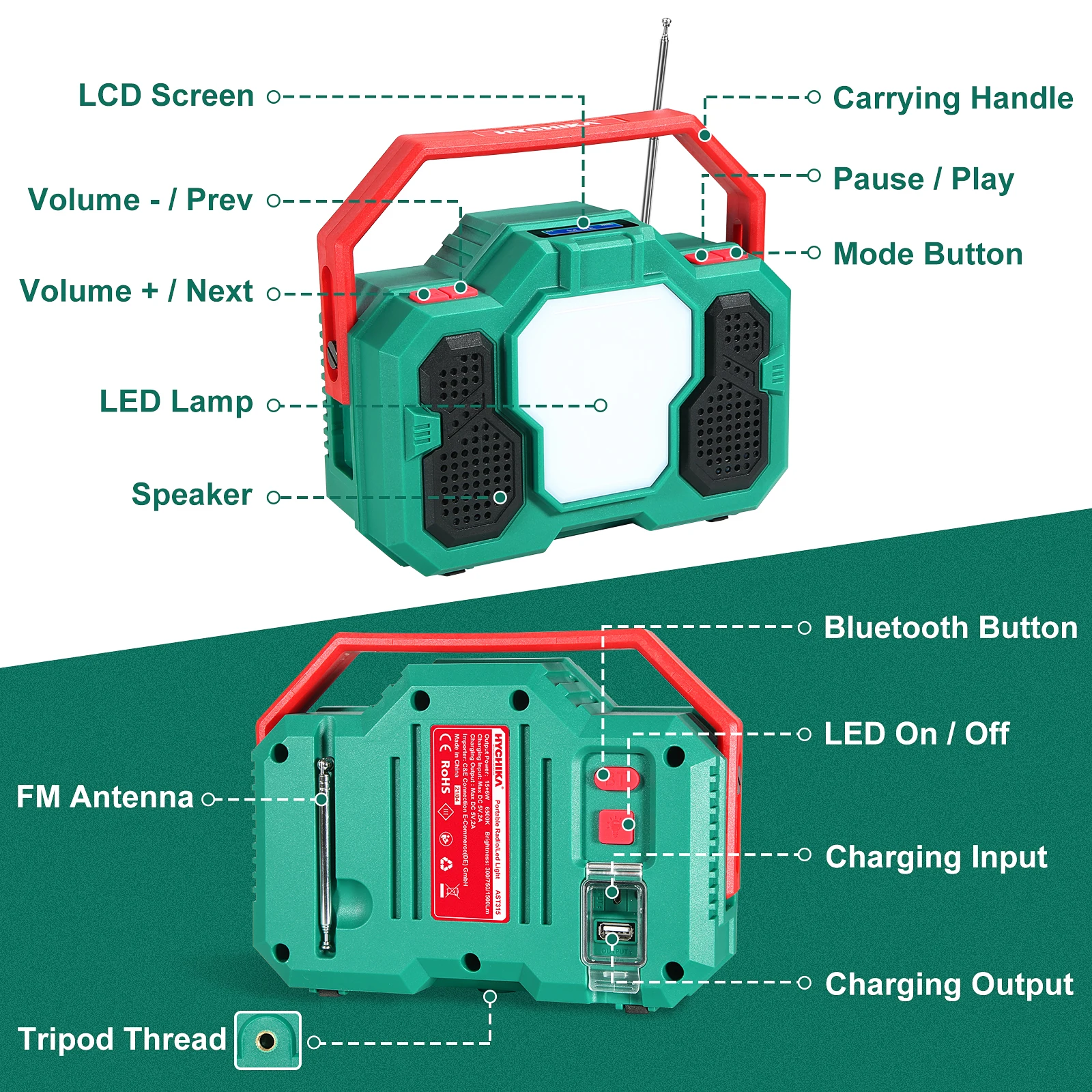 HYCHIKA-Radio de emergencia con luz LED multifunción, altavoz estéreo con Bluetooth, cargador portátil para emergencias en exteriores y en el hogar, 8000Ah