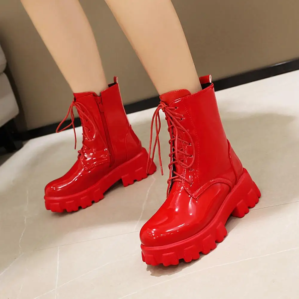 Women Boots Patent Leather Platform Shoes Brand Ankle Fashion High Heel Boots Women Autumn Winter Warm Platform Boots black red