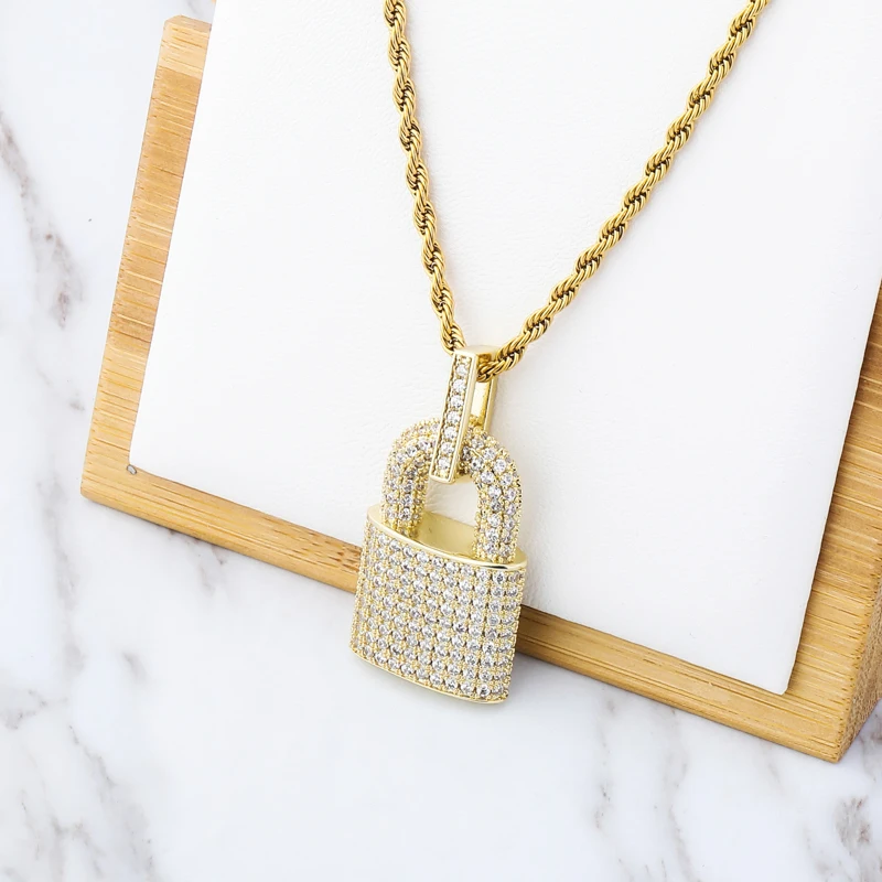 TOPGRILLZ Hip Hop Bling Lock Pendant Iced Out Bling Cubic Zircon Necklace For Men Jewelry Charm