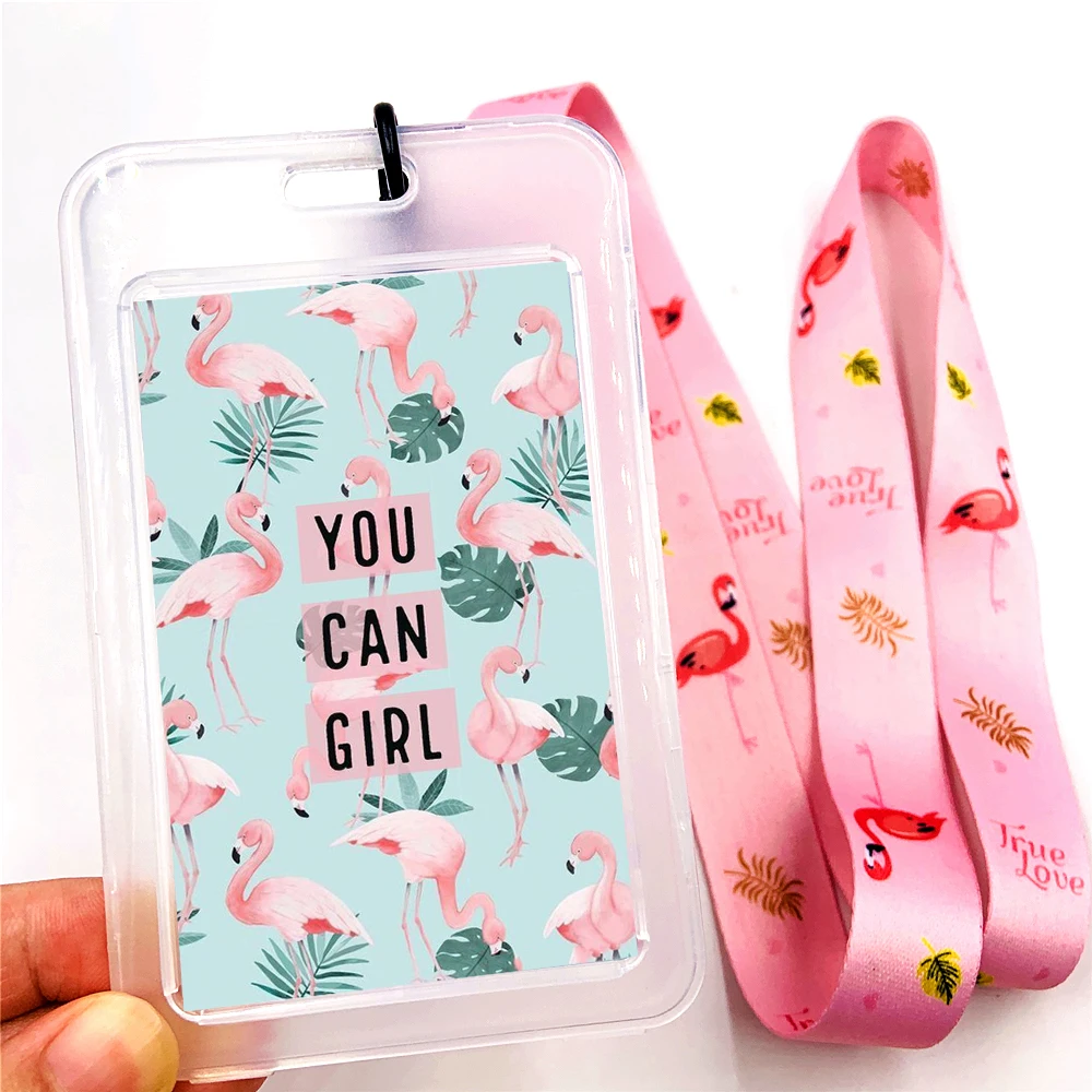 Flamingo ID Badge Holder Gift with Neck Lanyard Strap Clear ID Window for Office ID School ID Driver Licence Keys Credit Cards