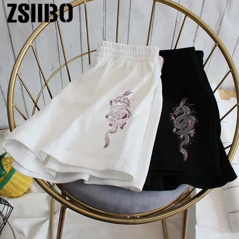 

2021 Shorts female dragon print stretch cute girl sweet Harajuku colorful simple oversized trousers female Women's sport shorts