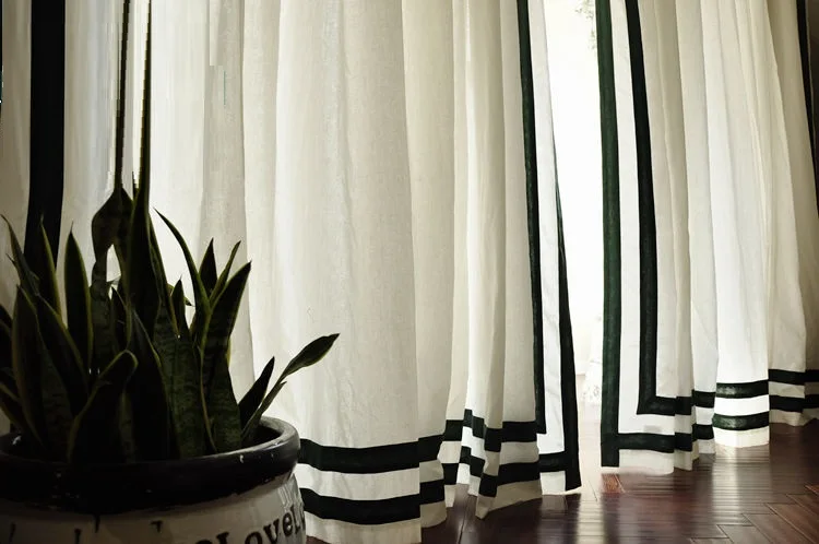 100% Cotton Linen White Curtains with Black Trim French Classic Window Drapes for Living Room Bedroom Retro Style Strip Cortinas