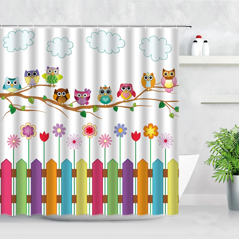 Cute Owl Cartoon Shower Curtains Funny Animal Panda Pet Cat Colorful Flowers Children Bathroom Decor Kids Bath Curtain Set Hooks