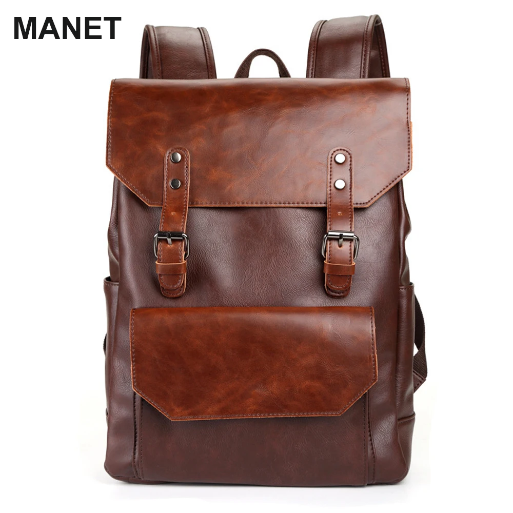 MANET Crazy Horse Leather Backpack Men 15.6 Inch Large Capacity School Bag Retro Computer Laptop Travel Backpacks Bags mochila