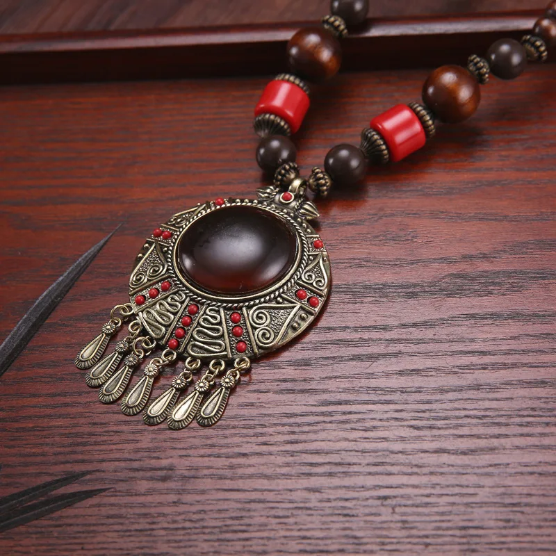 Bohemia Vintage Ethnic Leaf Red Stone Tassel Necklace For Women Gypsy Sliver Color Long Chain Necklace For Girls Tibetan Jewelry