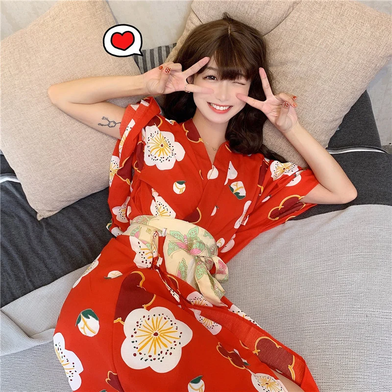 

Japanese Style Clothing for Women Kimono Skirt Ladies Girls Red Floral Kimono Yukata Long Robe Loose Sexy Pajamas Homewear