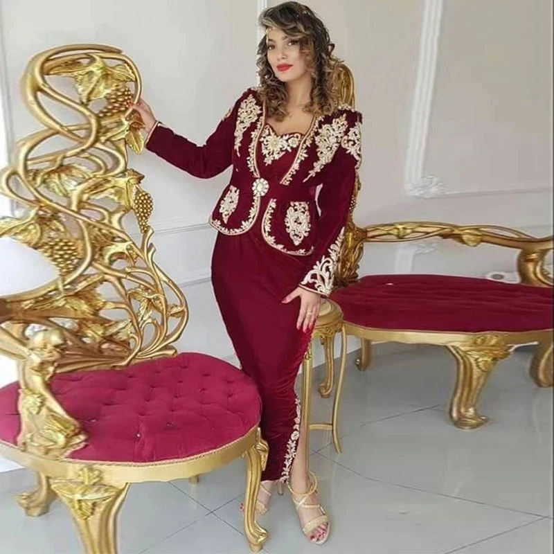 

Burgundy Moroccan Kaftan Caftan Muslim Evening Dresses Sheath Long Sleeves Appliques Dubai Arabic Turkey Abaya Islamic Gown