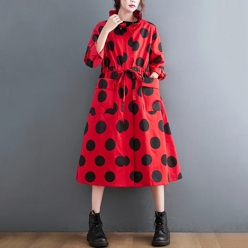 2026 Autumn Winter Oversized Polka Dot Long Trench Coat For Women Clothes Stand Collar Drawstring Fashion Casual Loose Outerwear