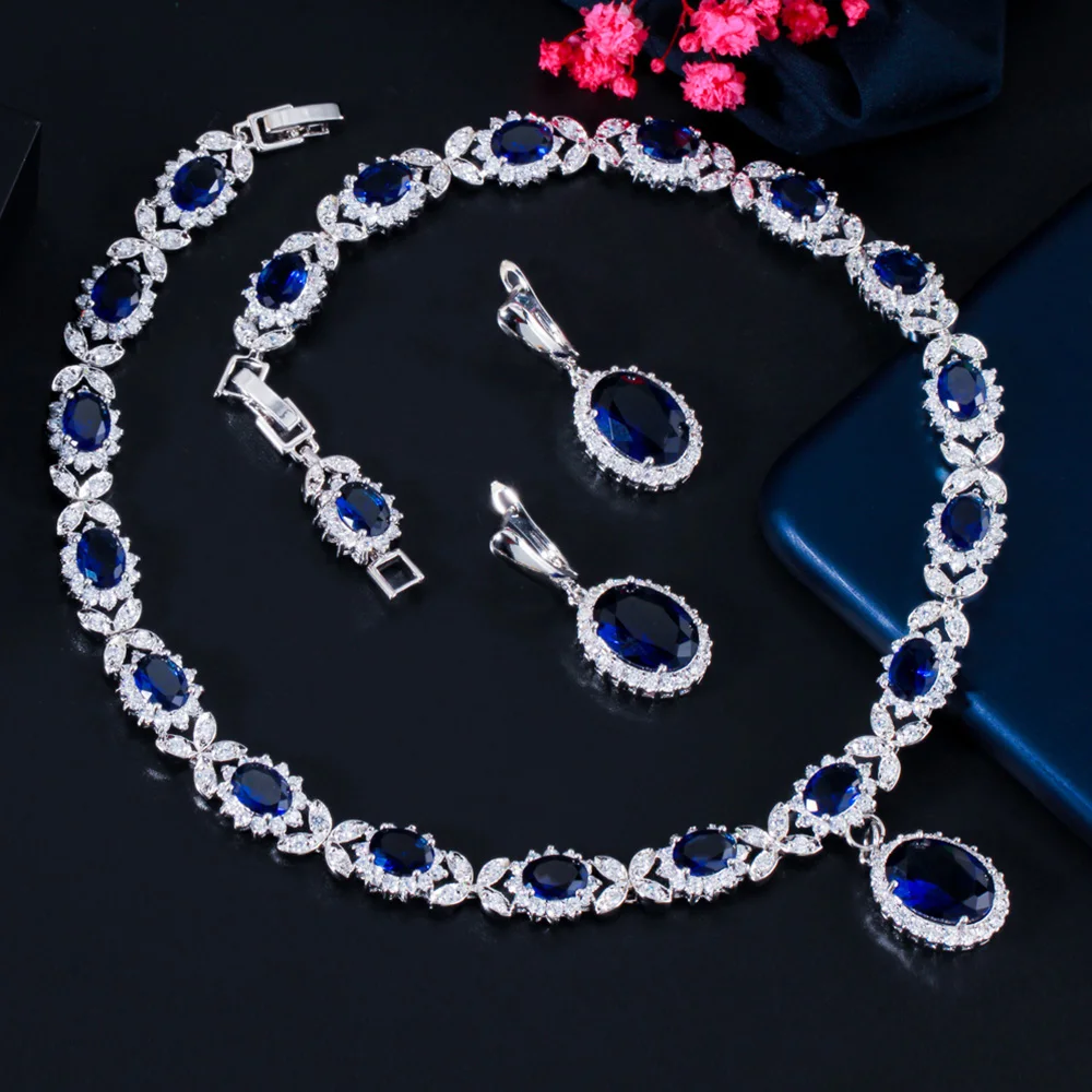 Pera Beautiful Royal Blue CZ Crystal Big Oval Drop Earrings and Pendant Necklace Sets for Women Anniversary Jewelry Gift J426