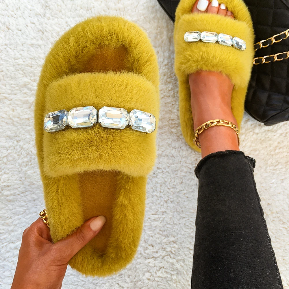 Fur Slides For Women Bling Diamond Decoration Furry Slippers Faux Fluffy Flip Flops With Chain Flat Sandals Summer Casual Shoes