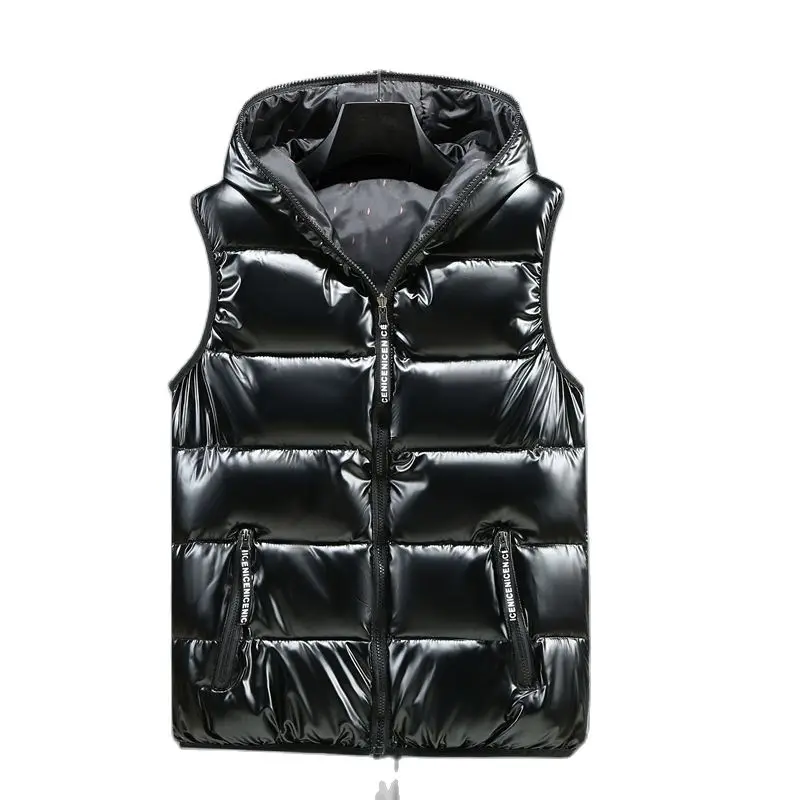 Winter Men Bright Vest Hooded Warm Thicken Waistcoat Cotton-Padded Solid Color Waterproof Male Streetwear Size 5XL 6XL