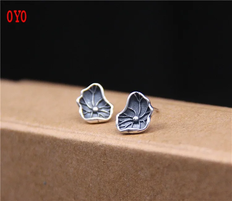 

2021 New S990 sterling silver old three-dimensional design exquisite lotus leaf retro foot silver earrings