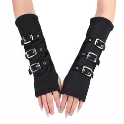 Women Half Finger Metal Buckle Belt Rivet Punk Hip Hop Party Cosplay Dance Mitten Sexy Black Fingerless Milk Silk Glove R46