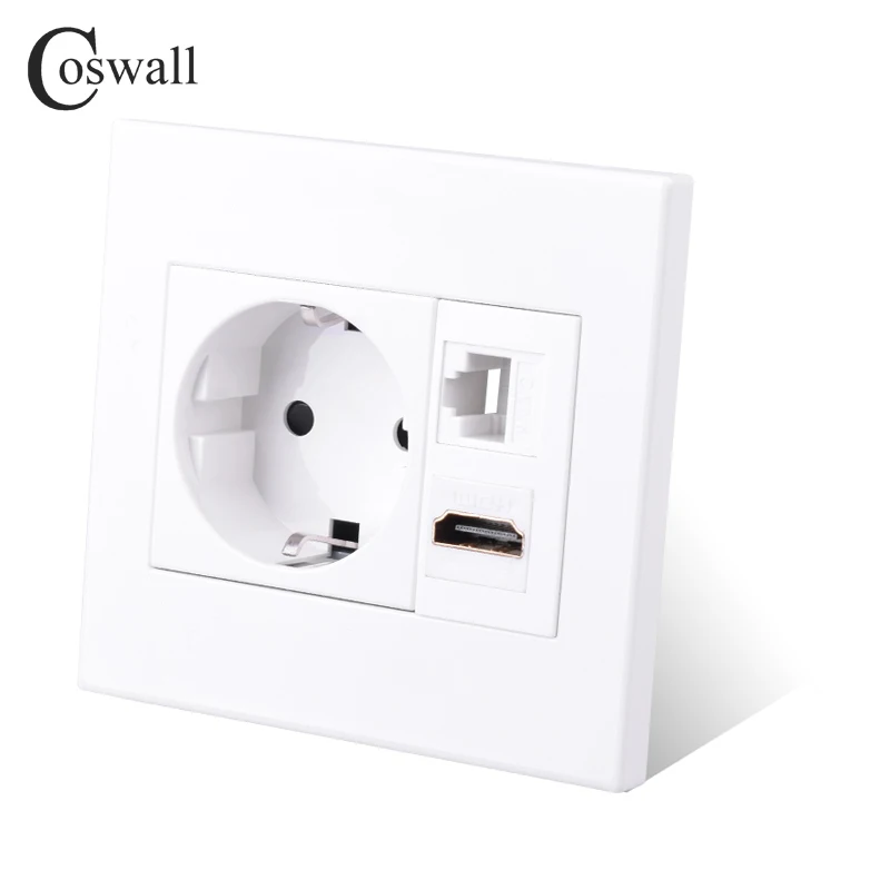 Coswall PC Panel EU Wall Power Socket + Female to Female HDMI-compatible 2.0 + CAT6 RJ45 Internet Data Outlet