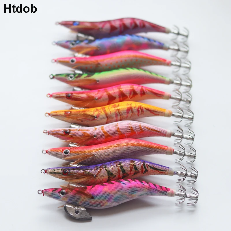 

Htdob 10pcs/Set Wood Shrimp Squid Fishing Bait 2.0# 2.5#-3.0#Hook Wooden Shrimp Squid Jigs Sea Fishing Lures Artificial Lure